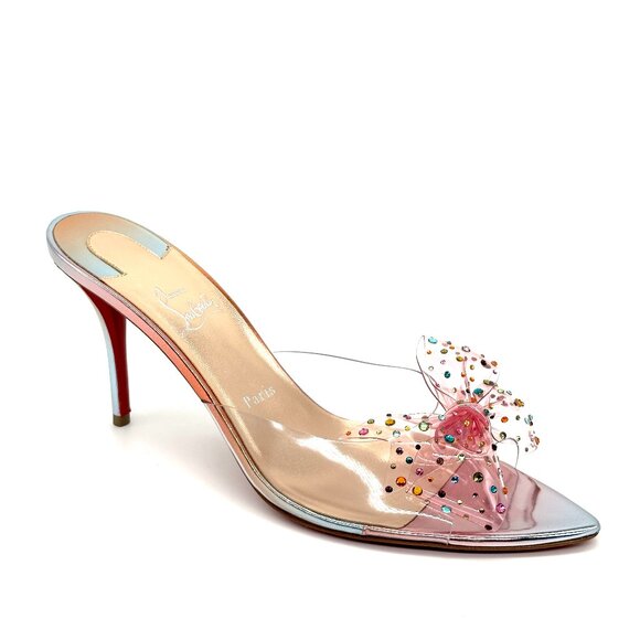 Christian Louboutin AQUA STRASS 80 PVC Crustal Bow Mule Sandals Heels - Picture 10 of 16